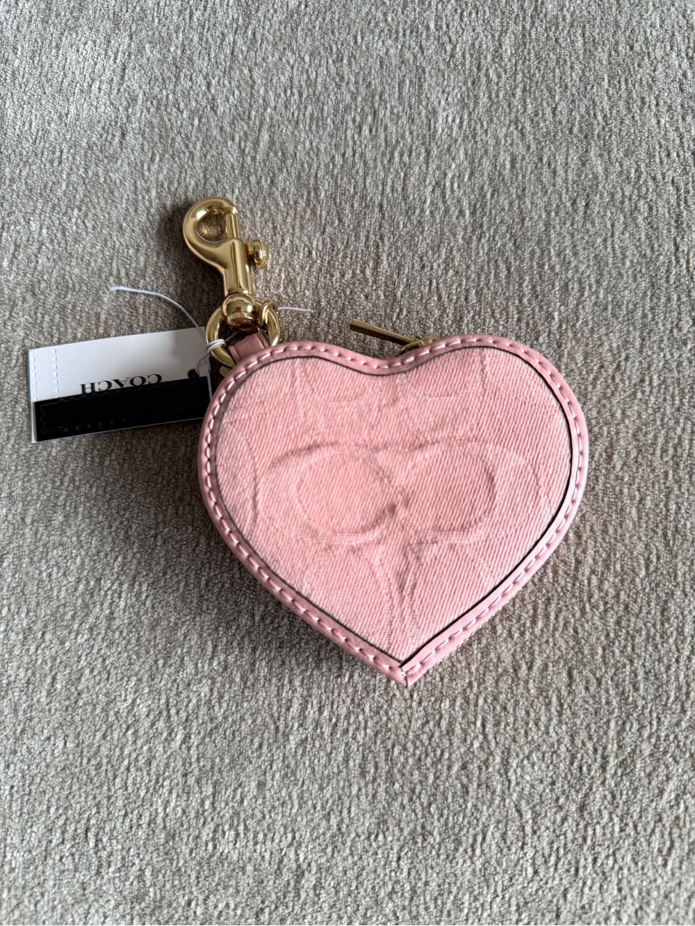 COACH Pink Denim Heart Coin Pouch Keychain Bagcharm NWT
